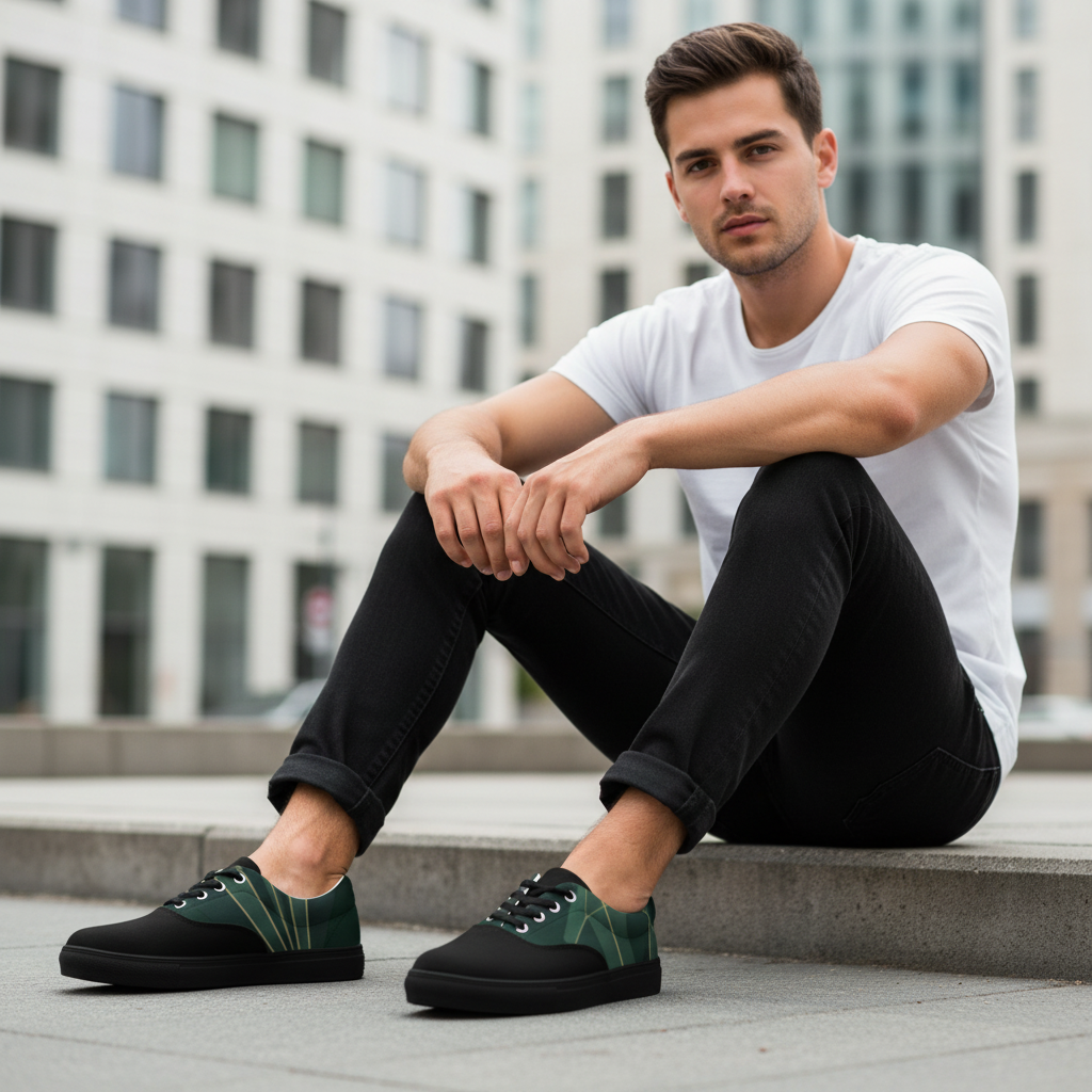 Man sitting showing black canvas shoes with green leaf design clearly
