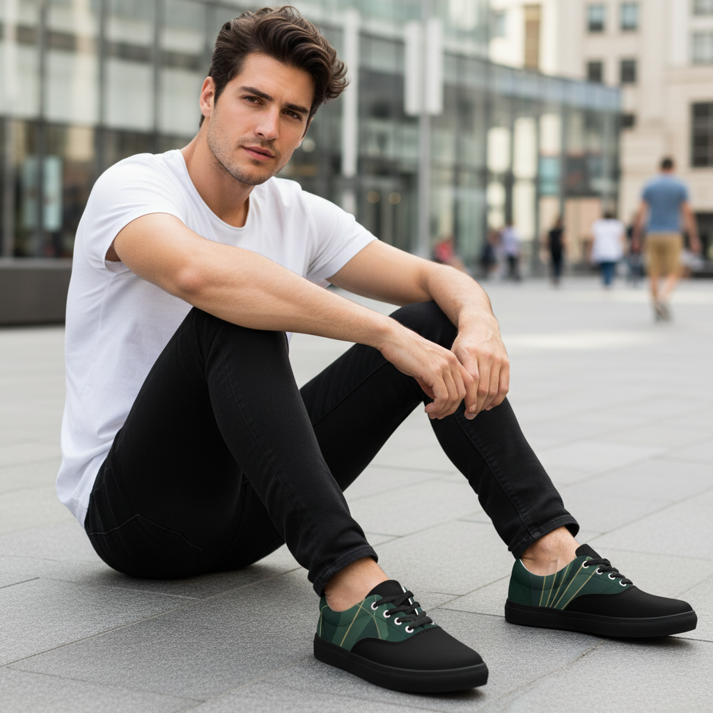 Man sitting showing black canvas sneakers with green leaf design