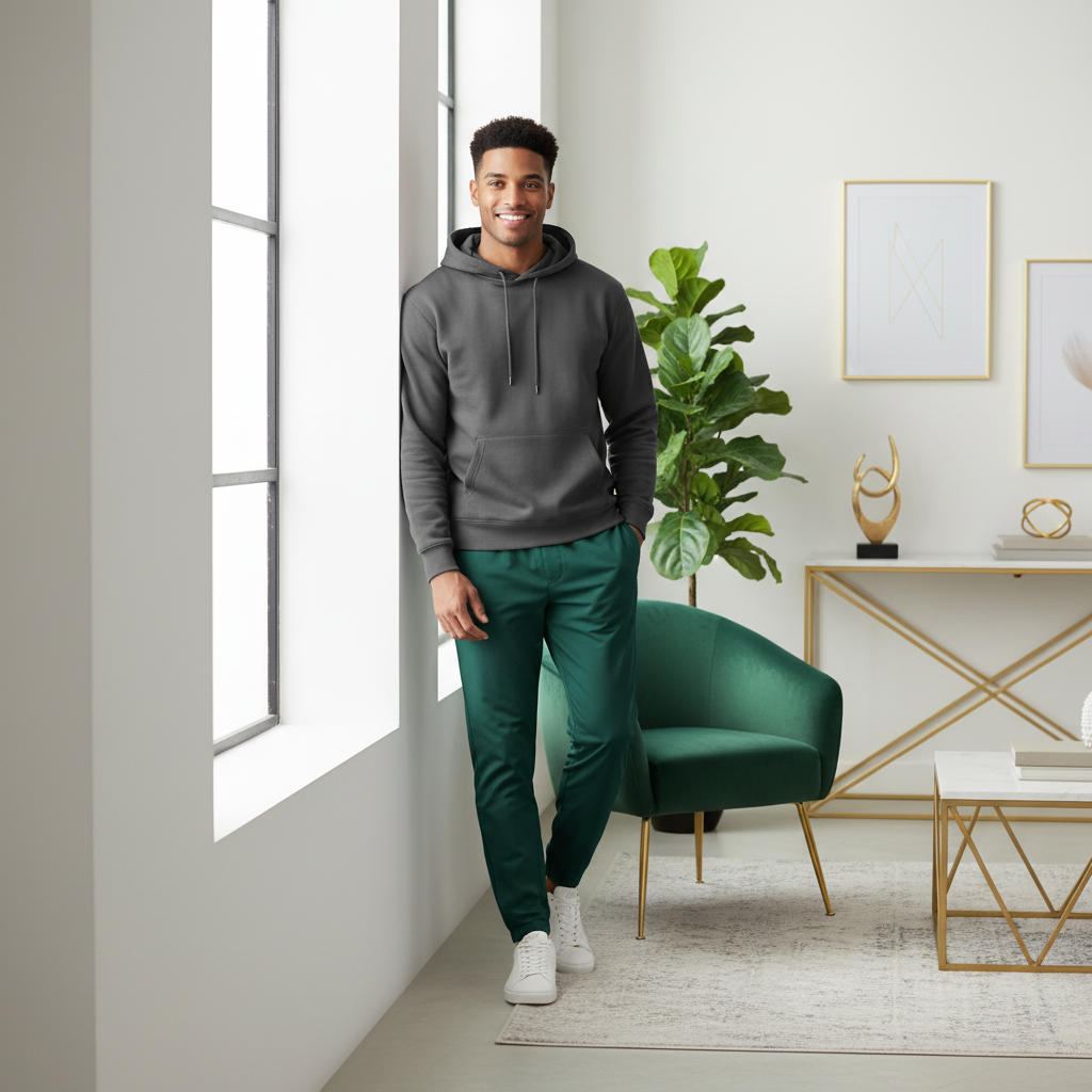 Man standing by window wearing emerald green track pants and black sweatshirt in elegant interior