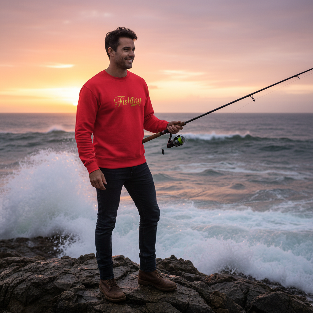 Man team red fishing sweatshirt gold text coastal rocks sunset ocean waves rugged