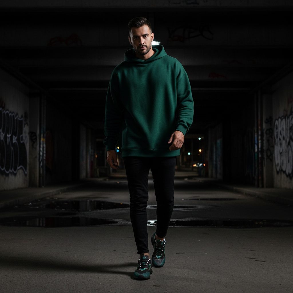 Man Walking in Dark Urban Alley – Teal Geometric Sneakers Black Sole