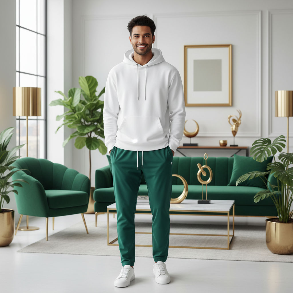 Man wearing emerald green track pants and white t-shirt in modern interior with green and gold accents