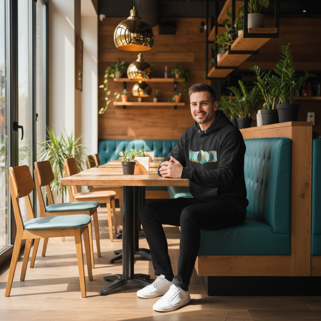 Man wearing geometric hoodie sitting in warm sunny restaurant with teal booth seating