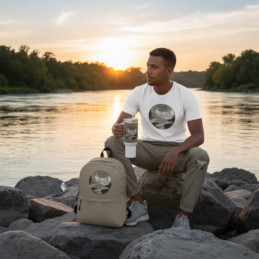 Man wearing white Time by the River t-shirt with track pants, backpack and travel mug sitting on riverside rocks at sunset