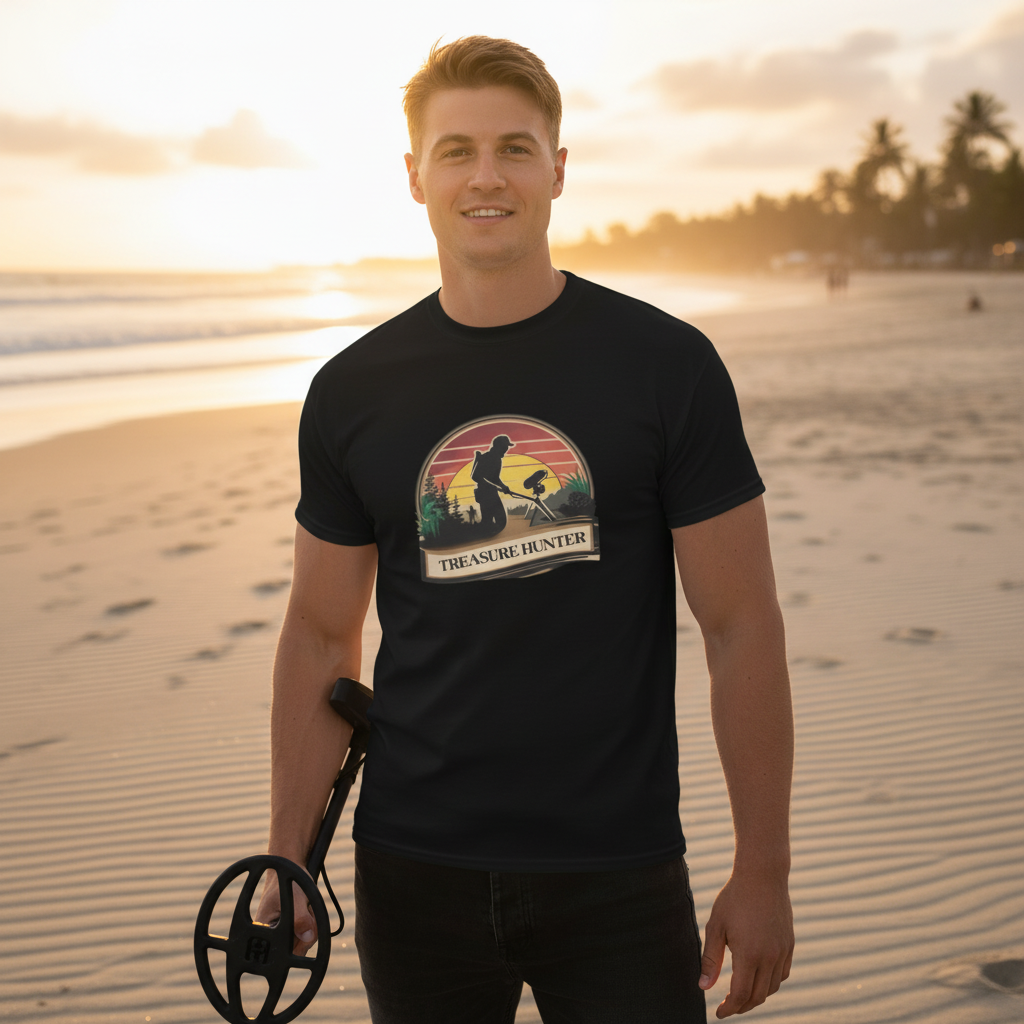 Treasure Hunter black classic tee with retro sunset stripes and metal detector graphic - ideal for outdoor explorers and adventure lifestyle