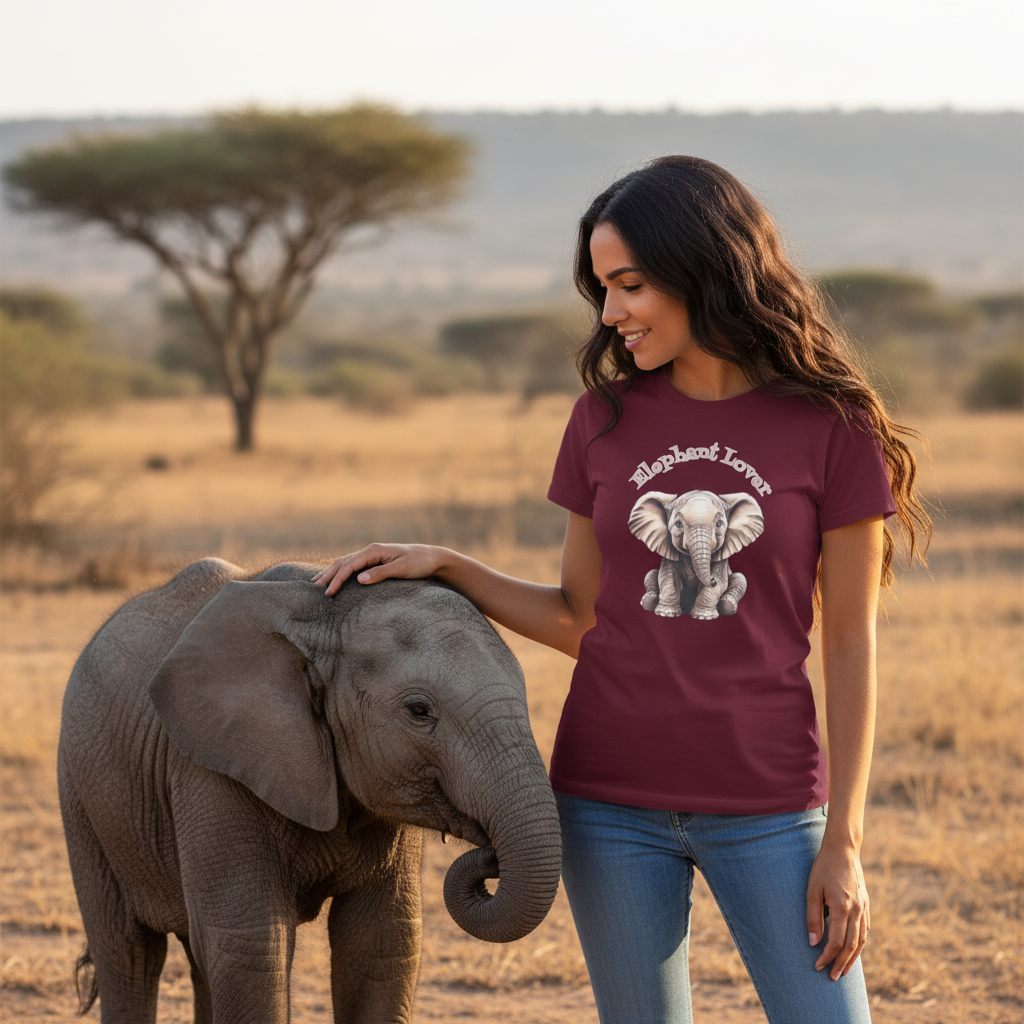 Maroon elephant t-shirt woman with realistic sized baby elephant waist height proper proportion