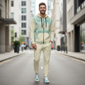 Men's complete Happy Colors outfit geometric zip hoodie pale cream joggers turquoise athletic shoes street style