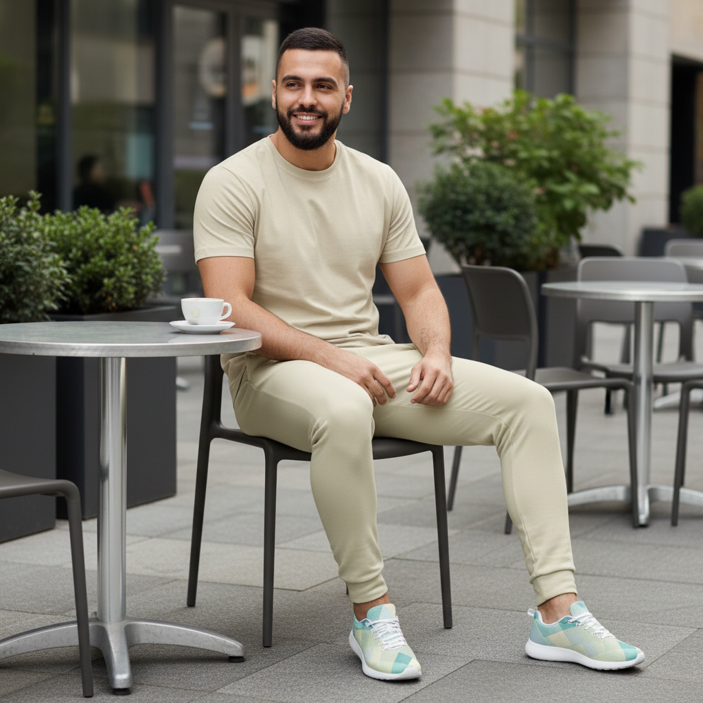 Men's monochromatic beige outfit crew neck t-shirt recycled joggers with turquoise geometric shoes cafe lifestyle