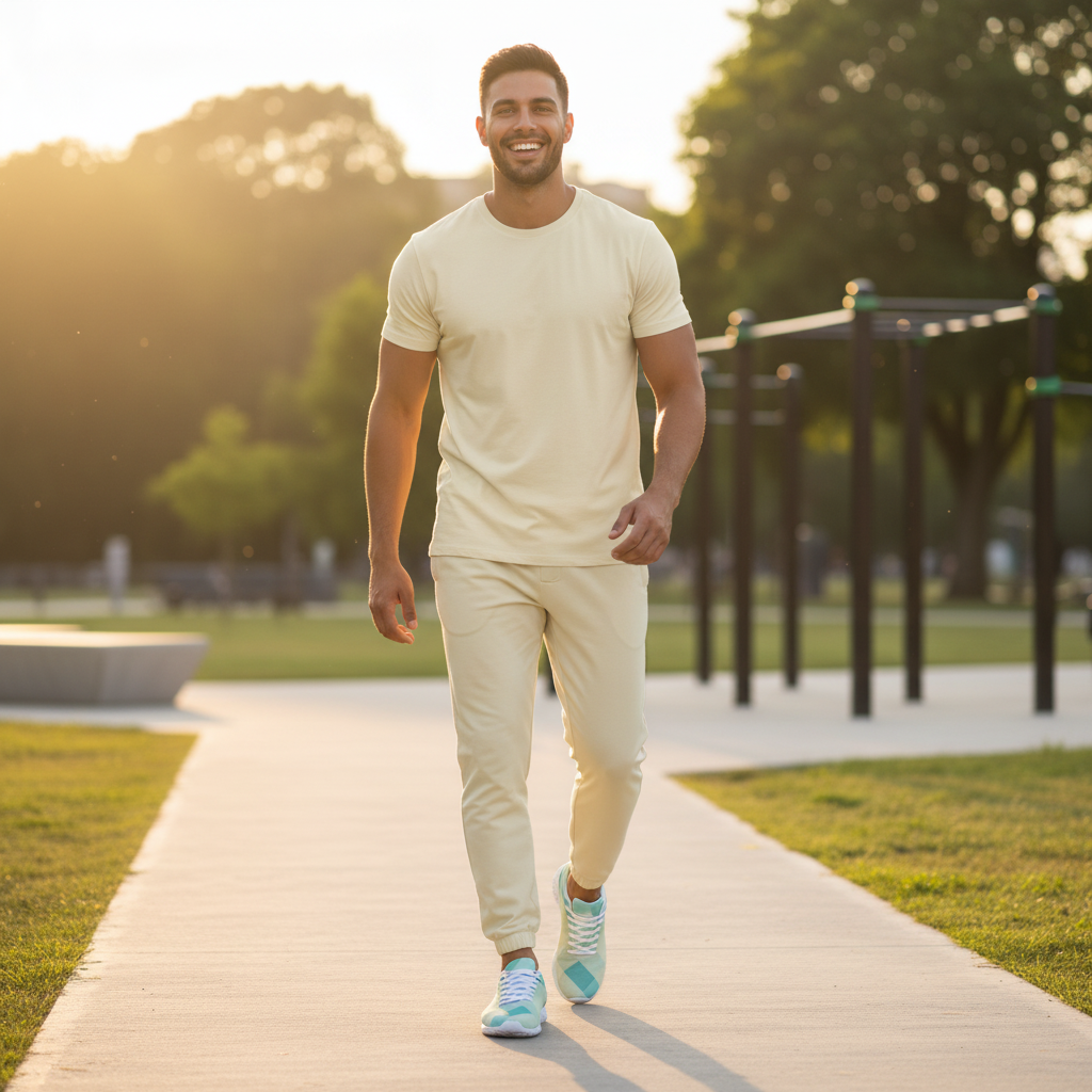 Men's monochromatic outfit pale cream beige crew neck t-shirt recycled joggers turquoise geometric shoes outdoor lifestyle