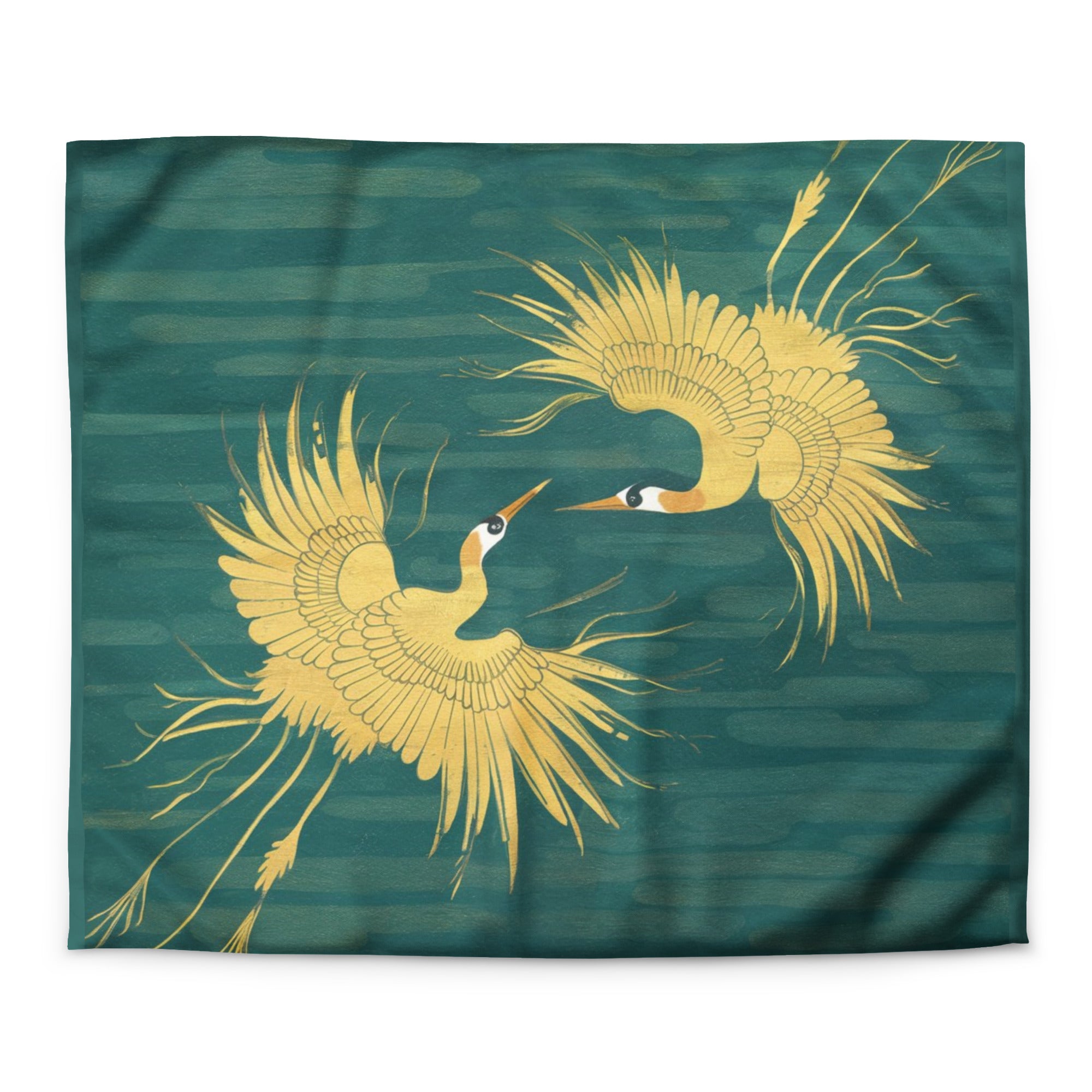 Modern zen bedroom with minimalist Japanese design featuring teal and gold crane duvet cover