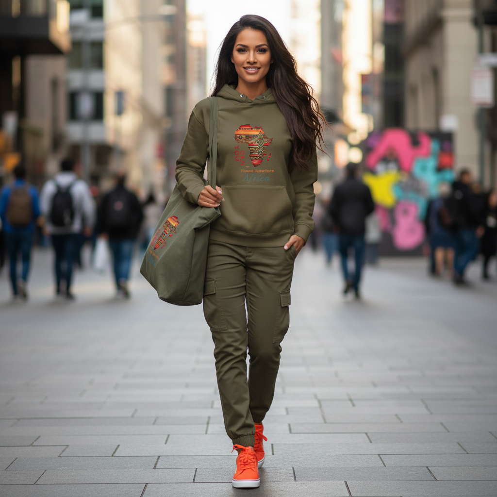 Military green Africa hoodie green cargo pants orange sneakers bag comfortable