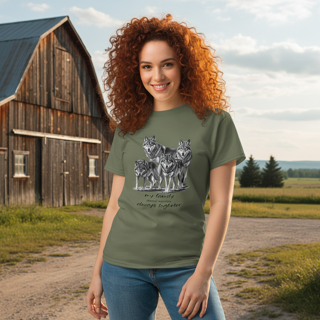 Military green wolf pack t-shirt red haired woman barn farm