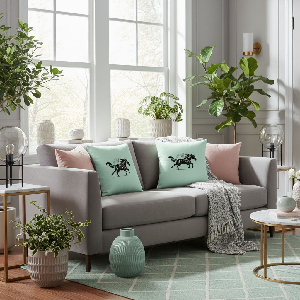 Mint green Wild Horse premium pillows in modern living room - Fire Horse Year 2026 home décor for nature lovers