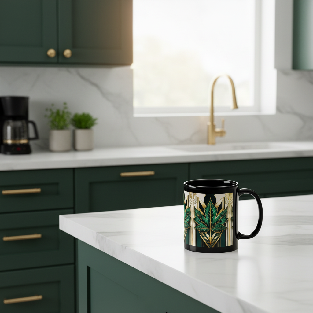 Modern green and gold kitchen with maple leaf mug
