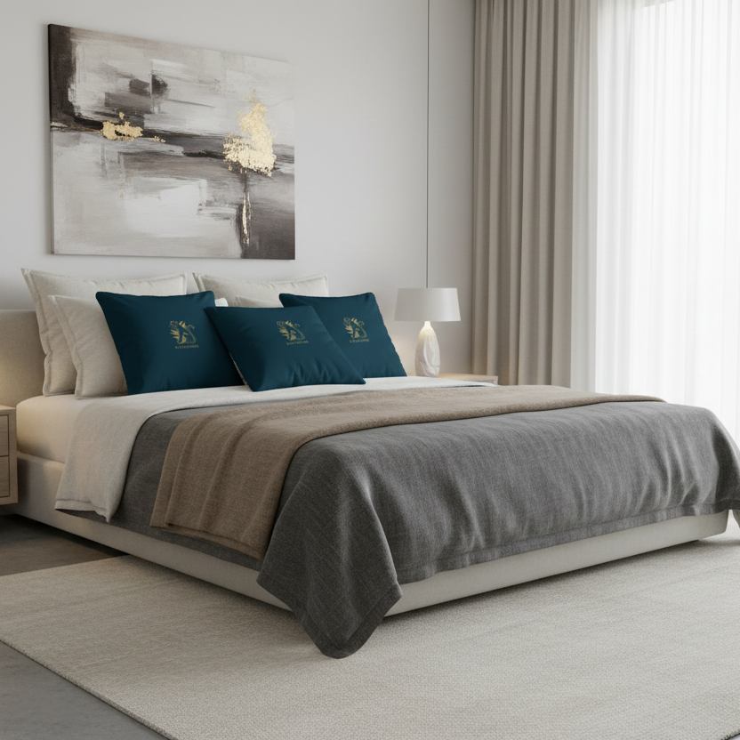 Modern luxury bedroom with Black Panther pillows showing gold design prominently