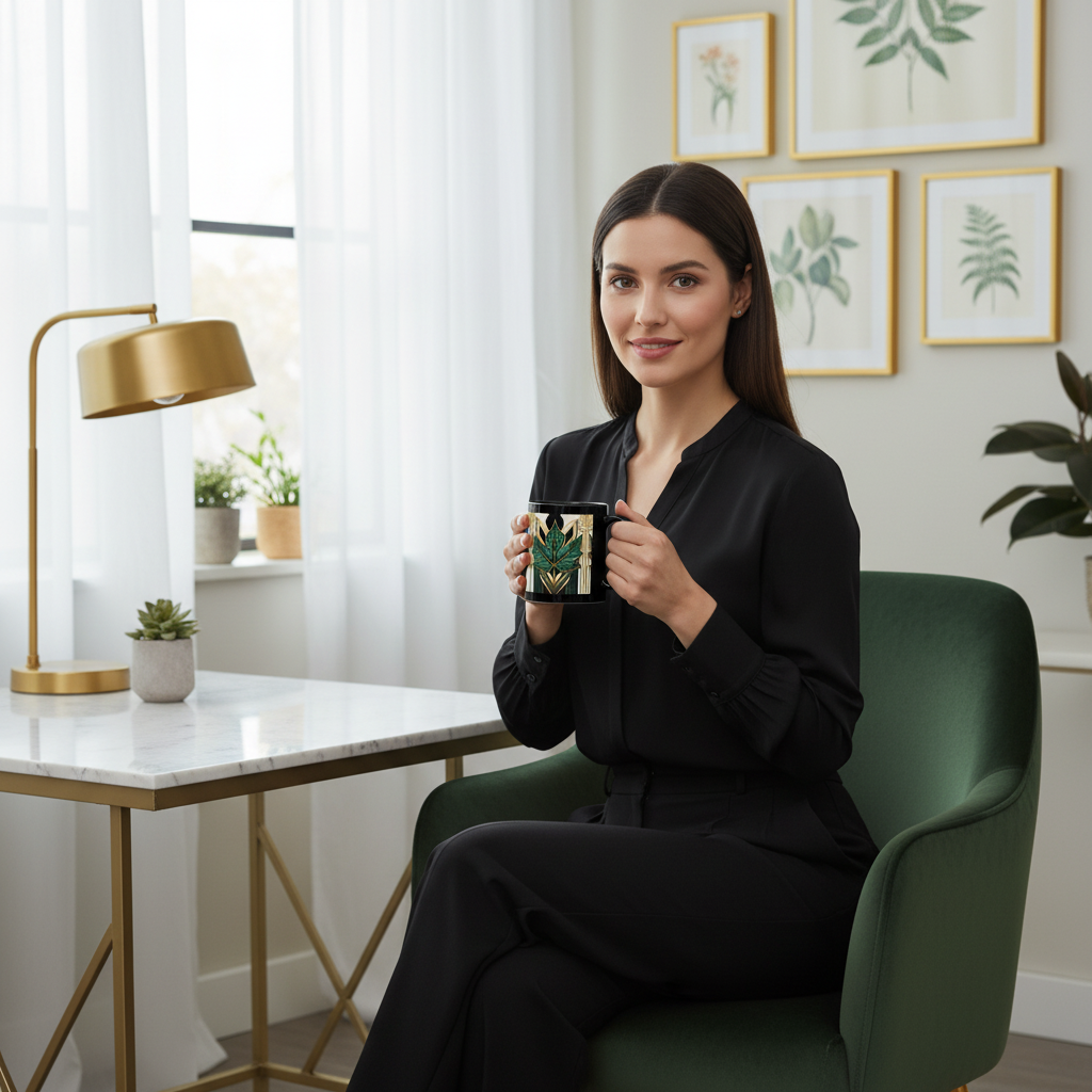 Modern woman with maple leaf mug in home office