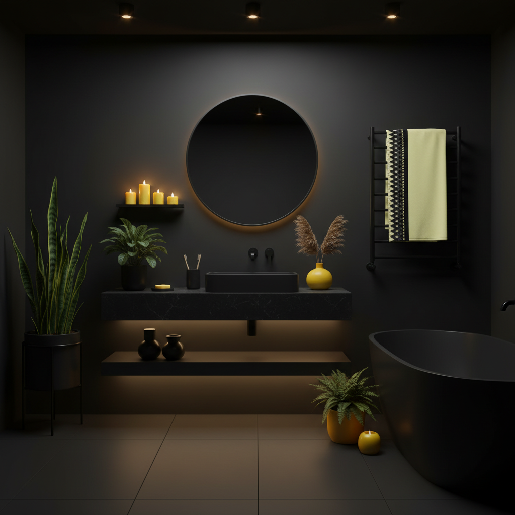 Moody dark bathroom with yellow and black geometric towel on rack