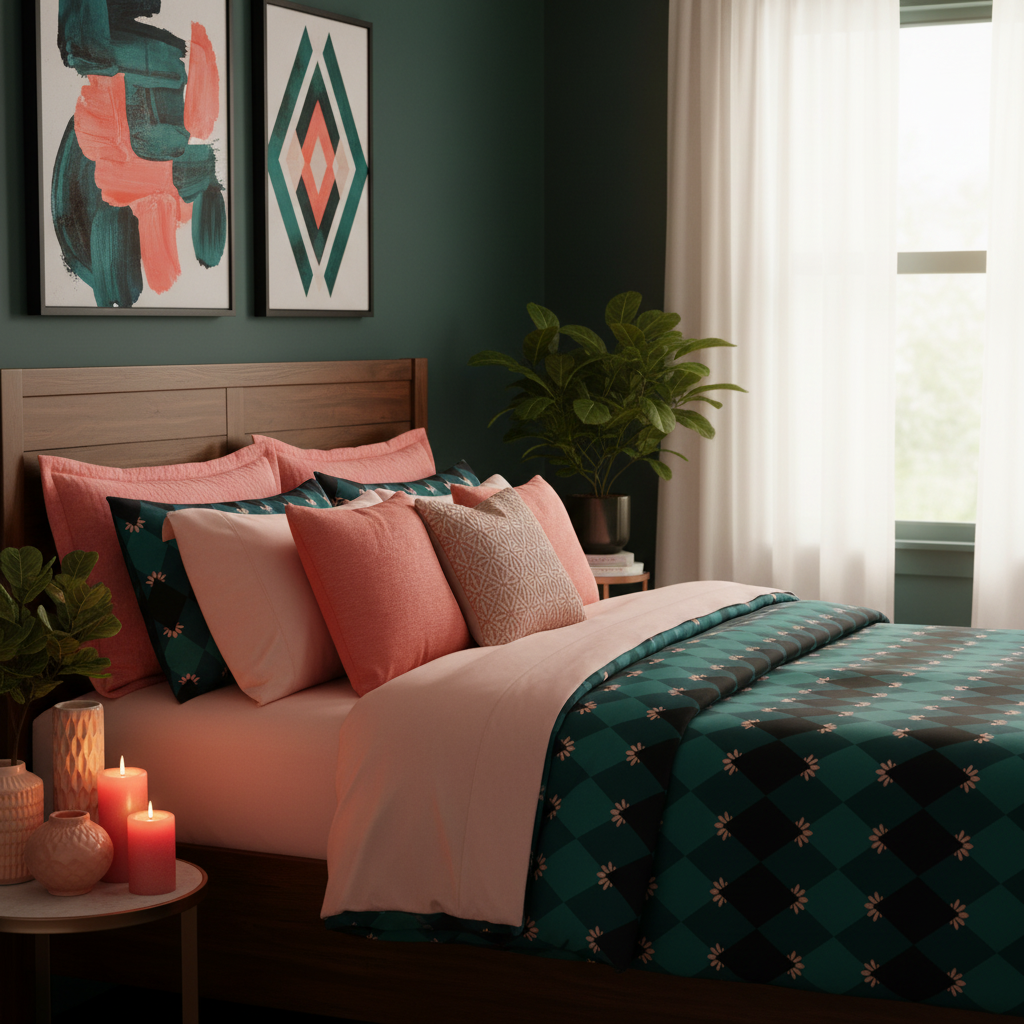 Moody dark bedroom with emerald mosaic comforter and pillows, dark emerald green walls, white curtains, rich wood headboard, abundant salmon pink and coral pink accent pillows, peach items, framed art in coral and emerald tones, green plants, coral pink candles, warm ambient lighting