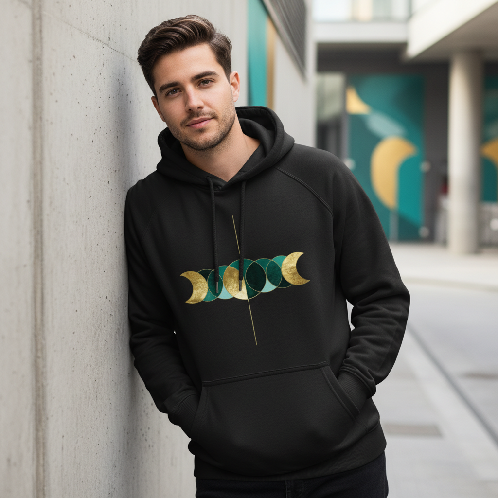 Sweat à capuche bleu sarcelle et or à cercles | Sweat à capuche raglan en coton biologique écologique