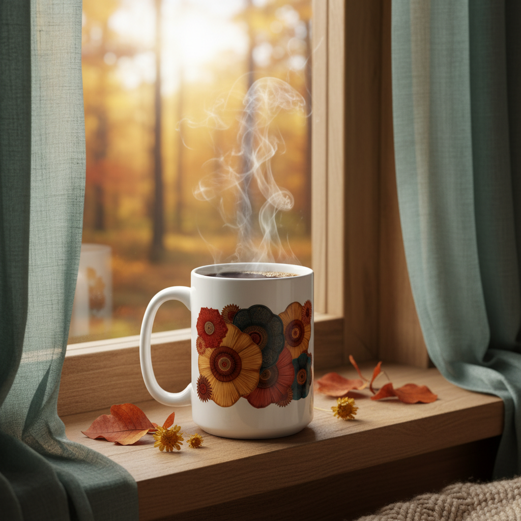 Mug on cabin windowsill with forest view