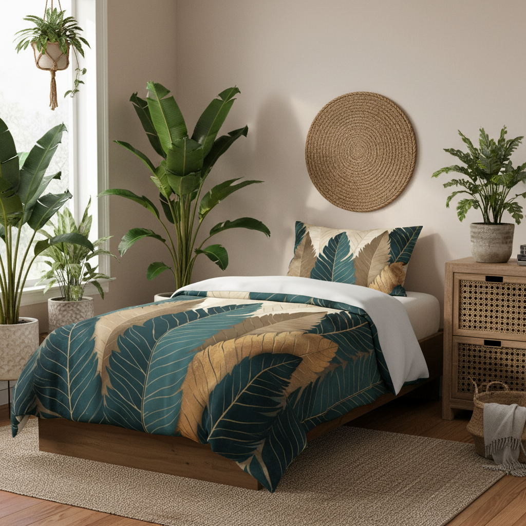 Natural botanical bedroom with twin XL bed and leaf pattern duvet cover