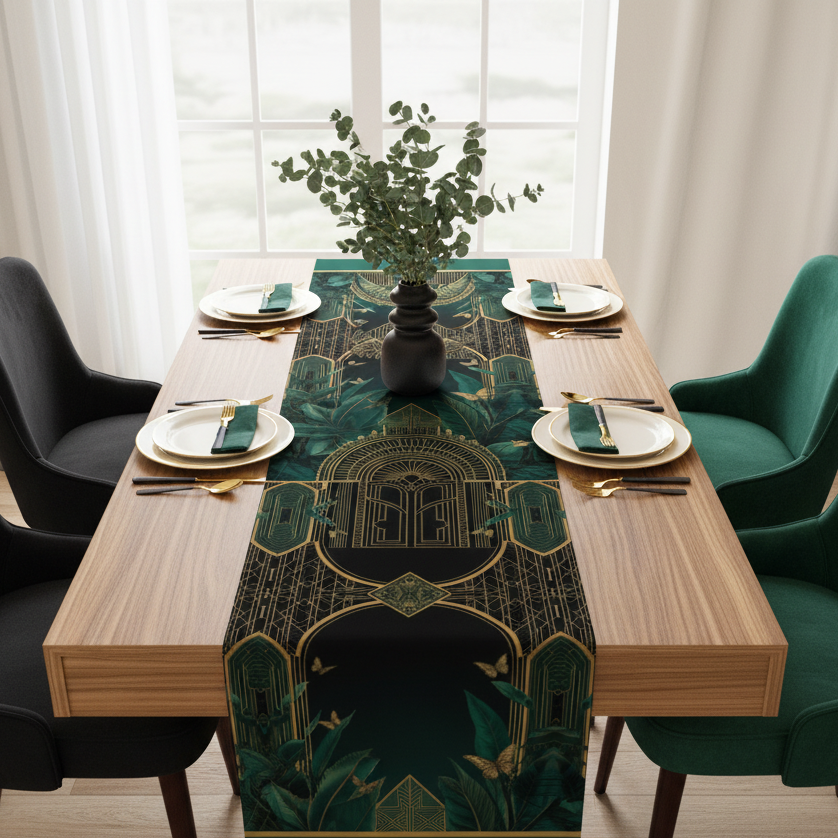 Natural wood dining with Emerald Plants runner accurate design