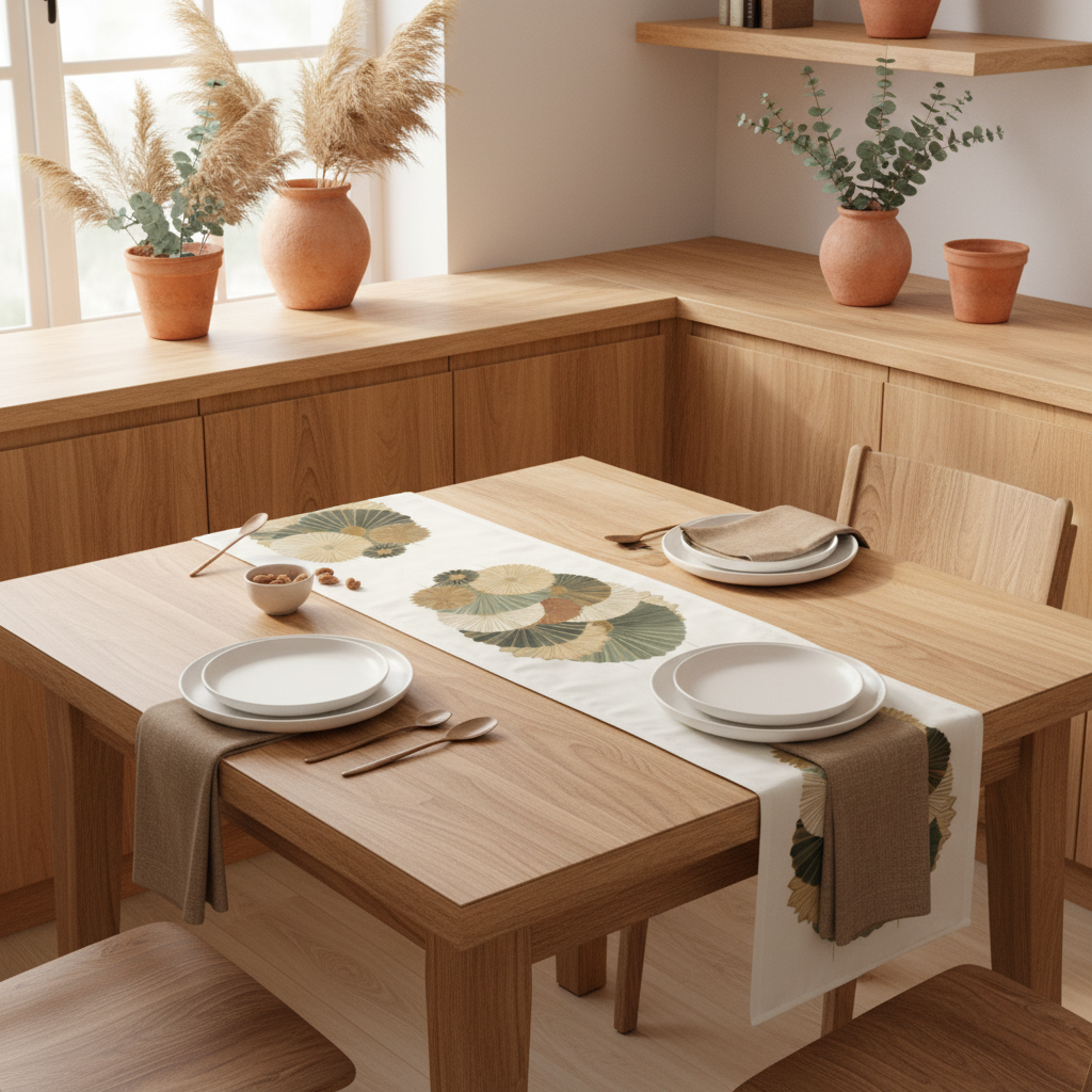 Natural wood kitchen with table runner