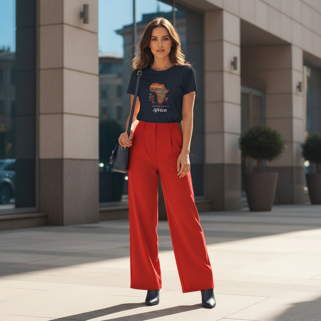 Navy Africa t-shirt red pants navy boots elegant