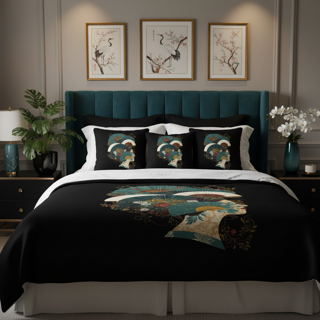 Opulent teal zen bedroom with Oriental bedding