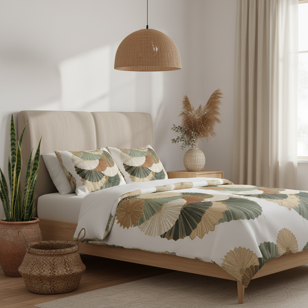 Organic natural bedroom with queen botanical bedding