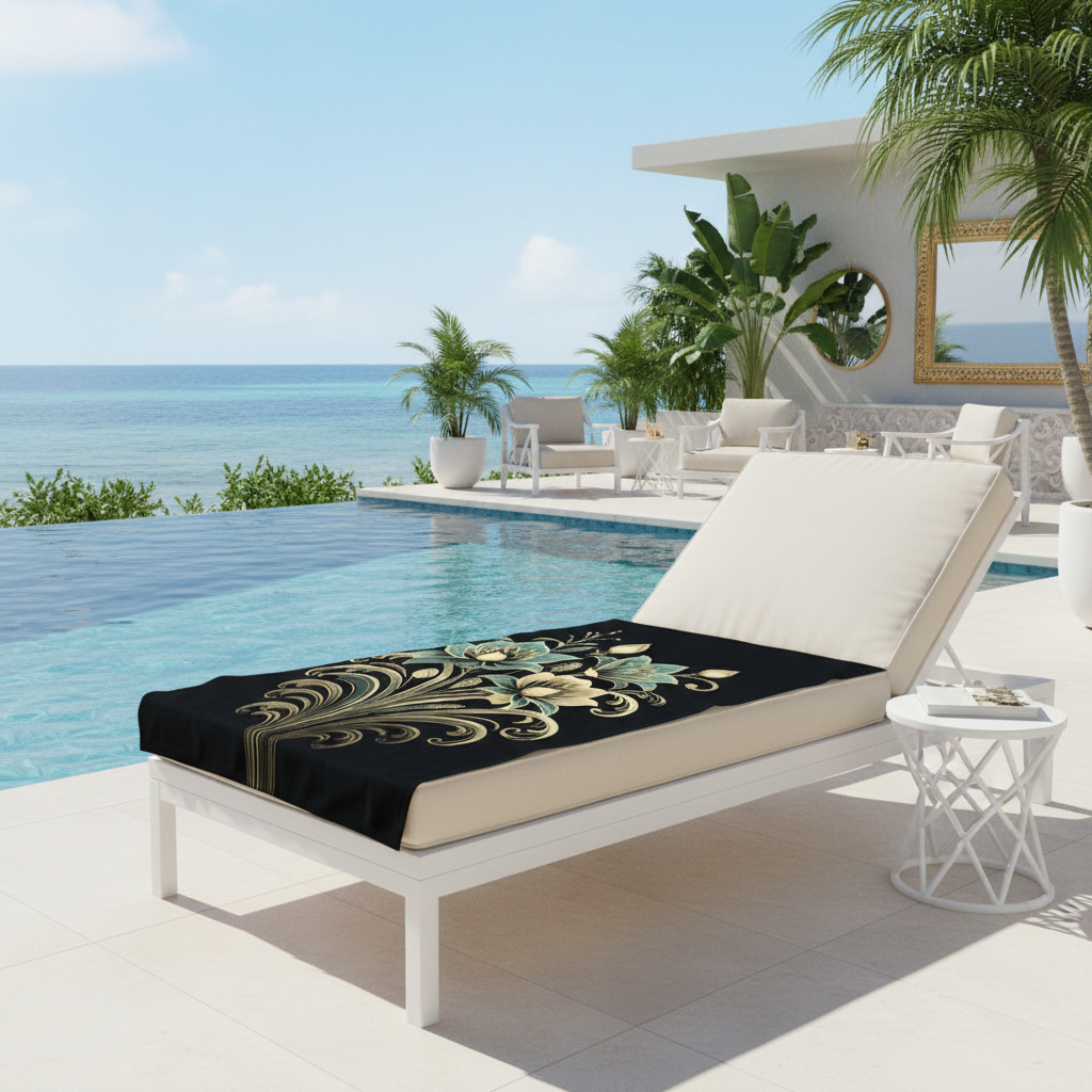 Oversized sage and gold floral towel spread on cream lounge chair displaying full botanical design clearly, blue pool water, tropical plants, luxury resort