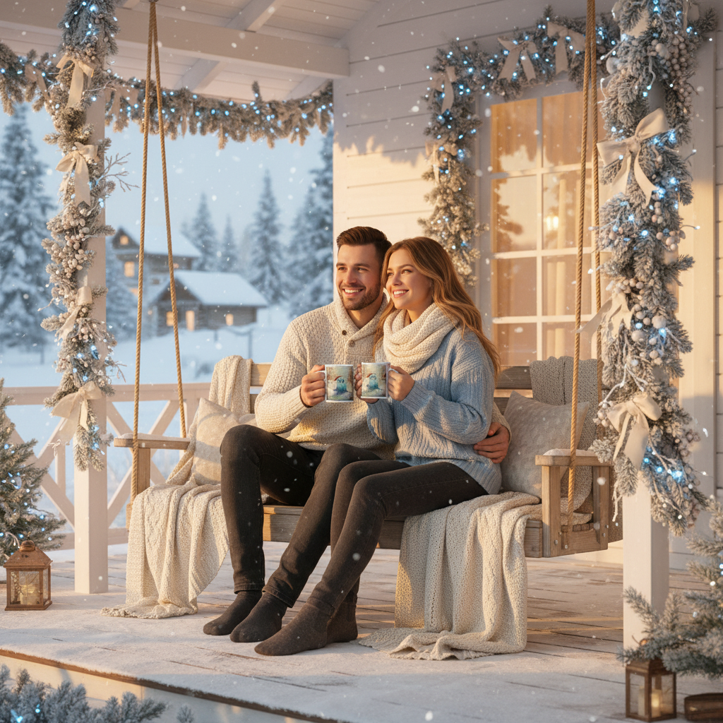 Pár na zasněžené verandě bílého domu s hrnečky