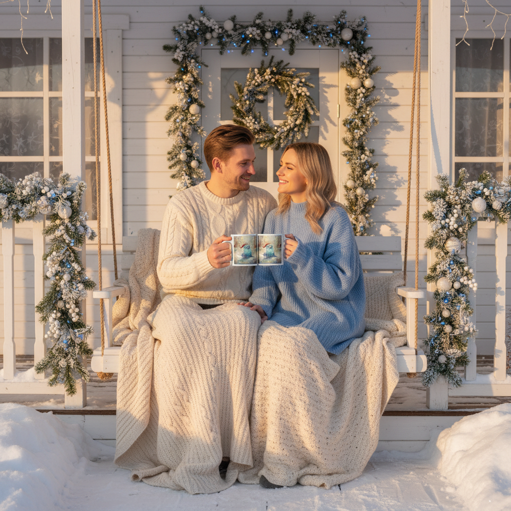 Pár na zasněžené verandě s hrnečky - lépe viditelné