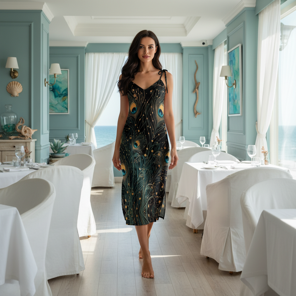 Peacock dress in coastal teal restaurant