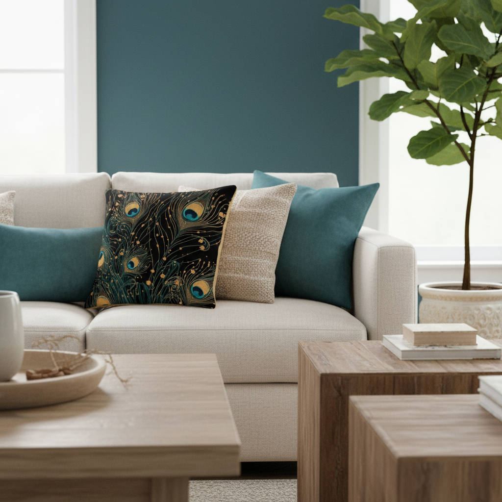 Peacock pillows in living room