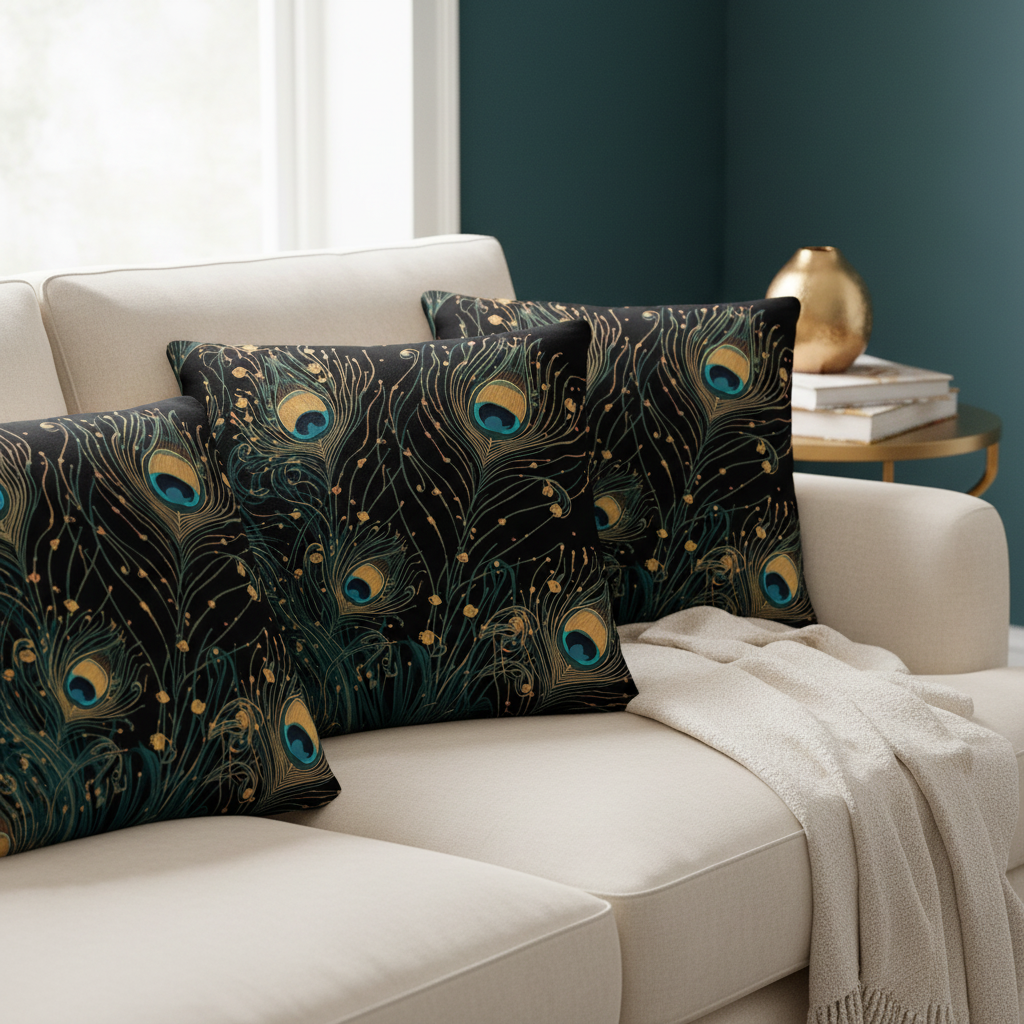 Peacock pillows on sofa