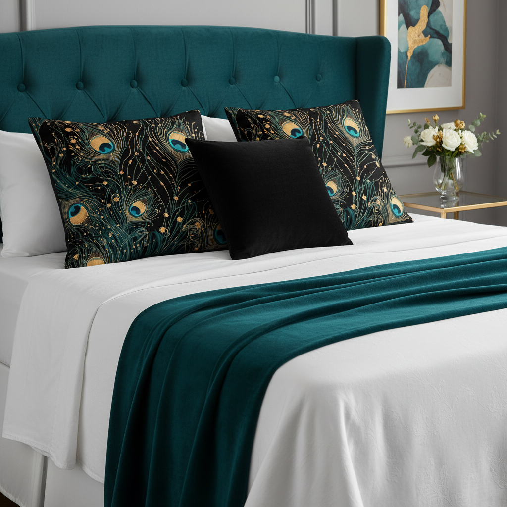 Peacock pillows with teal throw