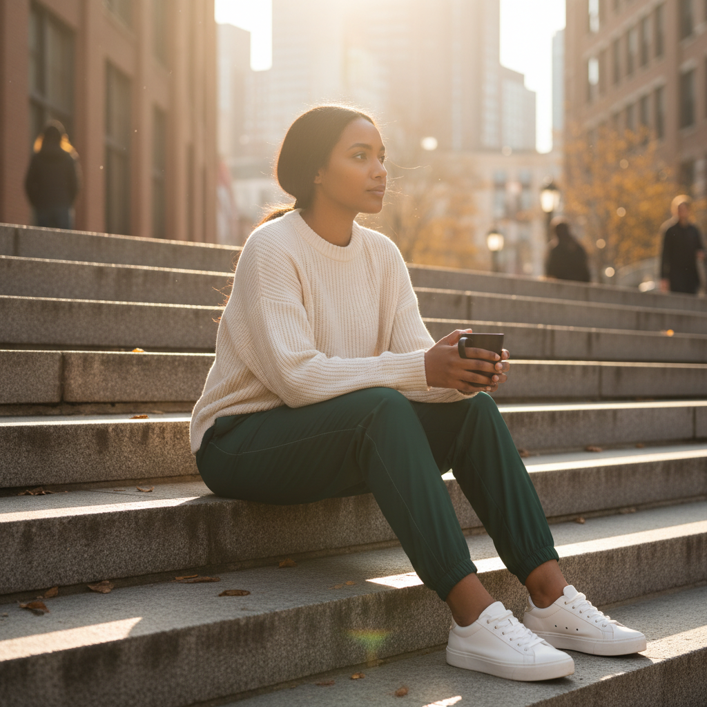 Person relaxing in dark green track pants on urban steps