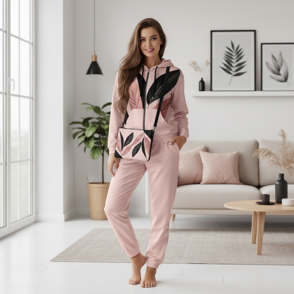 Pink track pants styled with matching pink botanical hoodie and leaf-print crossbody bag in coordinated Scandinavian interior