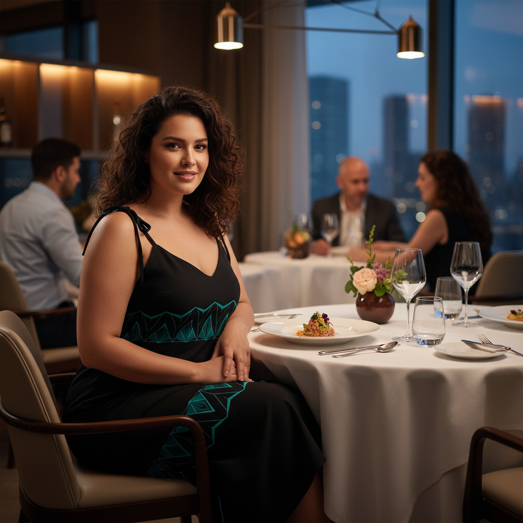 Plus-size woman in geometric dress at restaurant