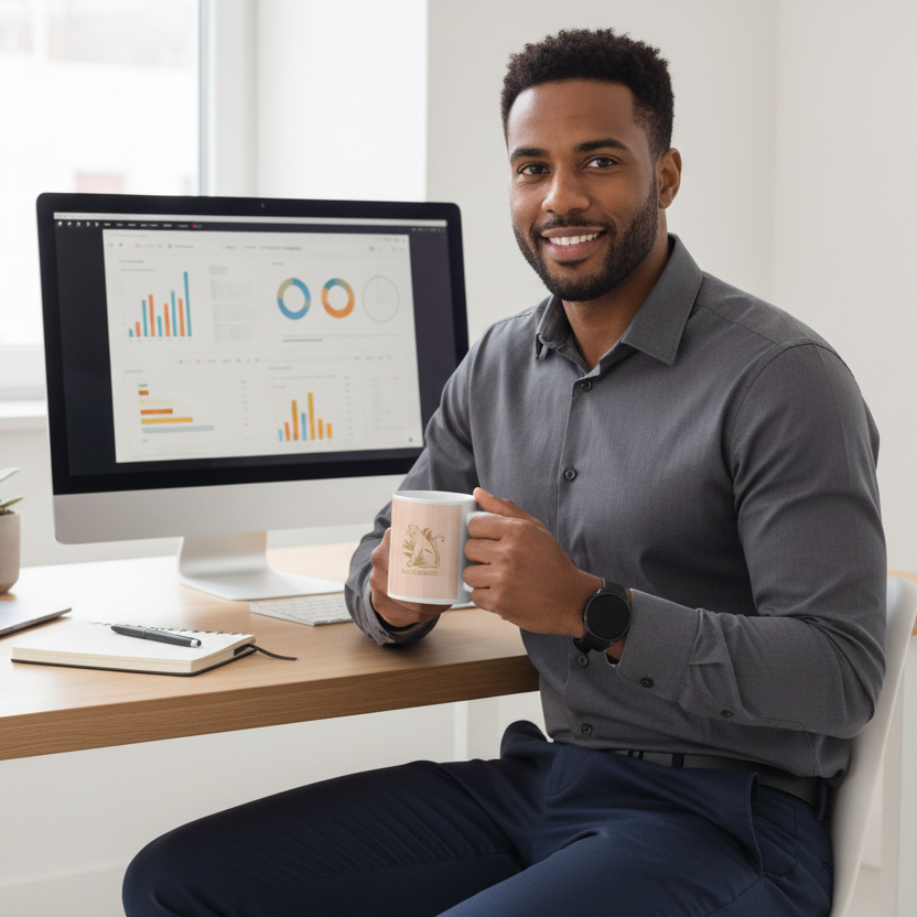 Professional man with white Black Panther mug at contemporary workspace showing strength and modern style