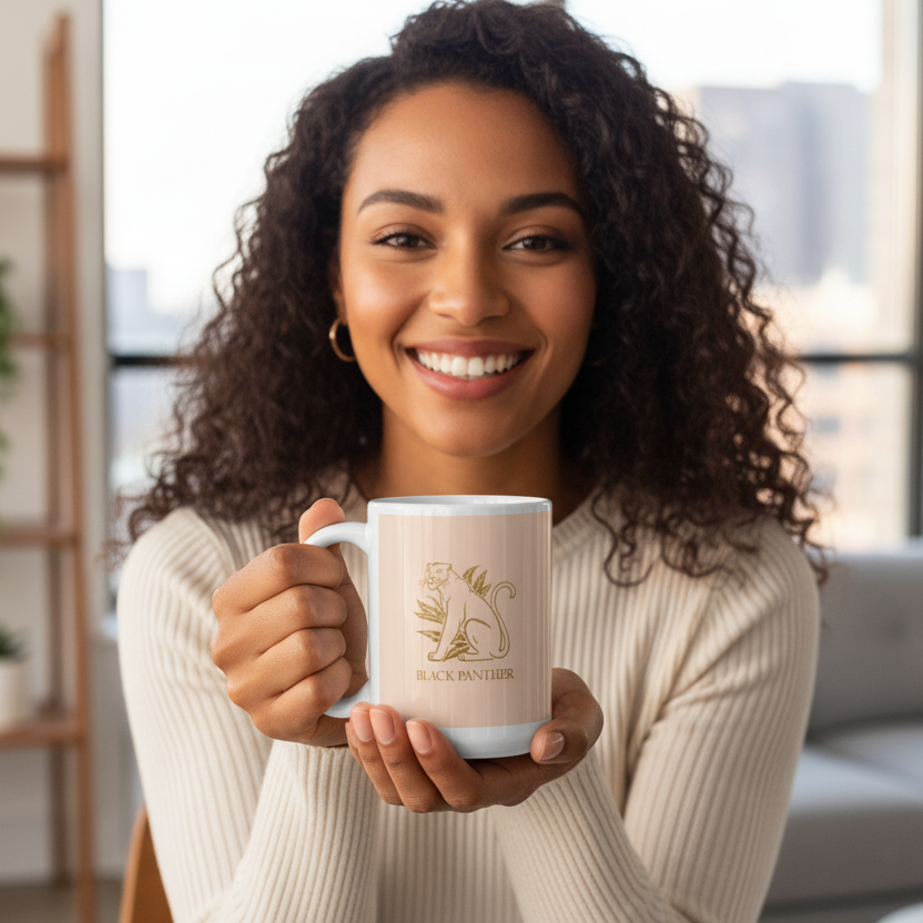 Radiant woman holding large white Black Panther mug close showing gold panther design