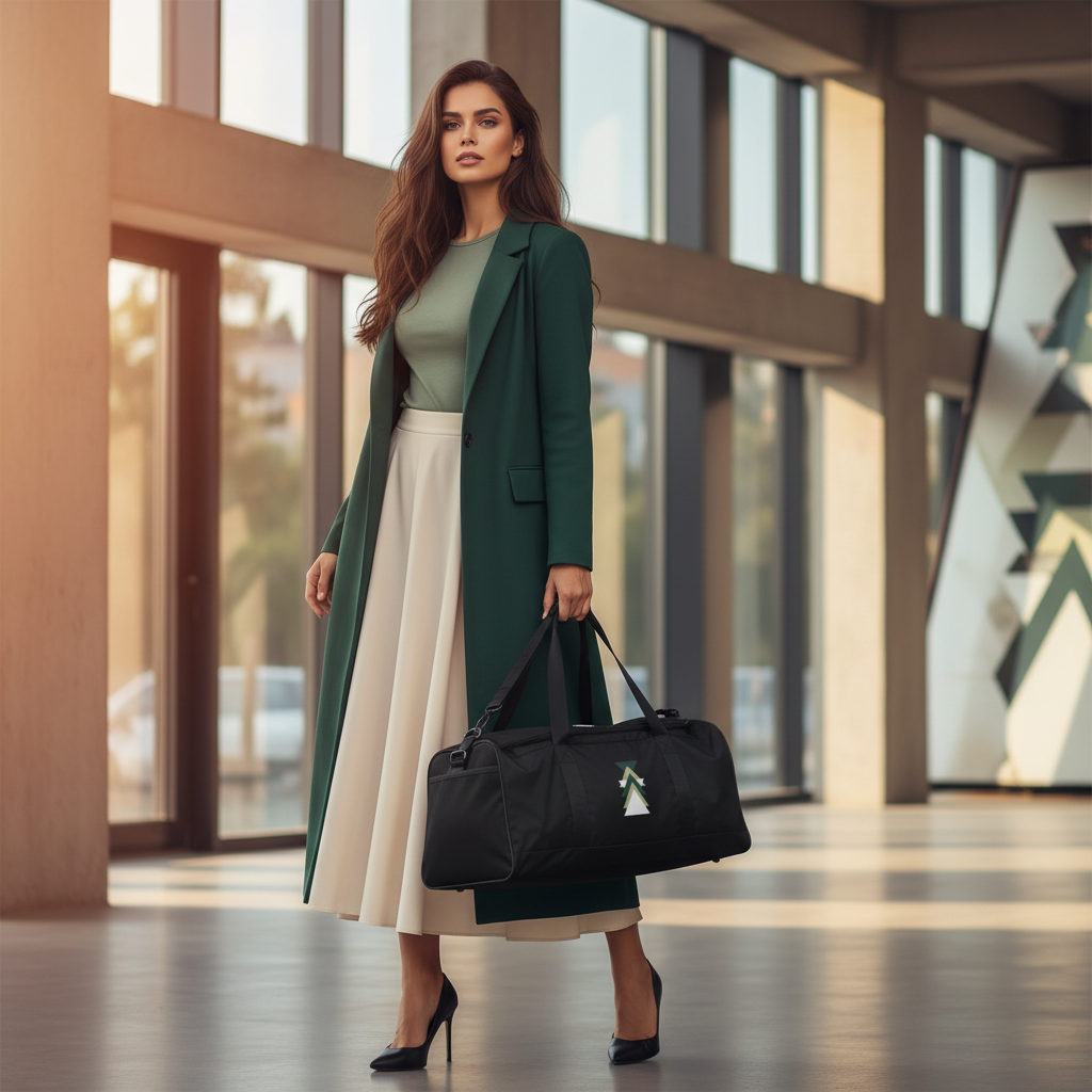 Radiant woman in cream midi skirt and green top carrying geometric pattern duffle