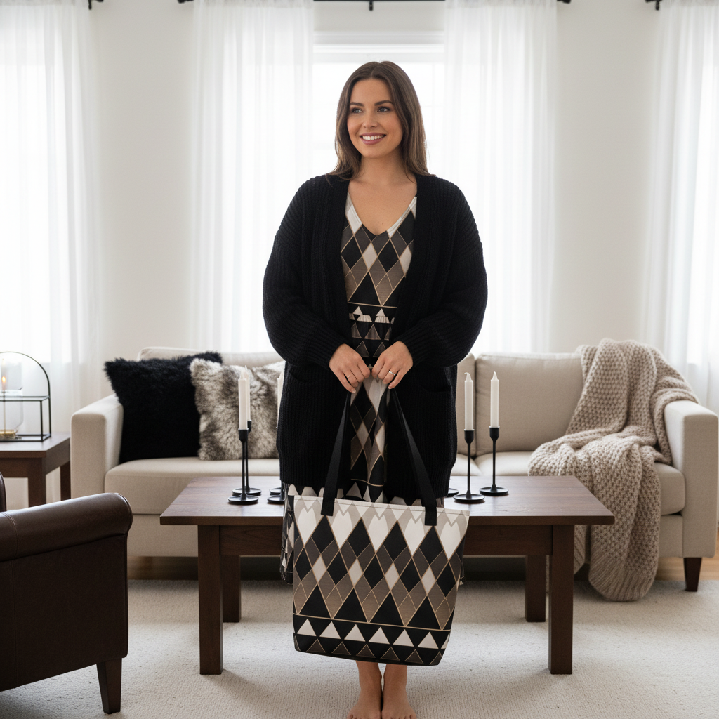 Radiant woman in geometric dress and cardigan with tote in warm Scandinavian living room