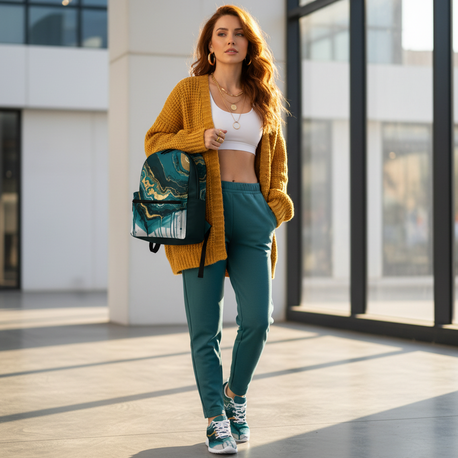 Radiant woman in teal athleisure gold cardigan with coordinated abstract shoes and marble backpack