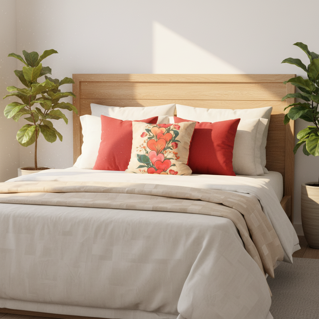 Romantic sunny bedroom with heart pattern pillows