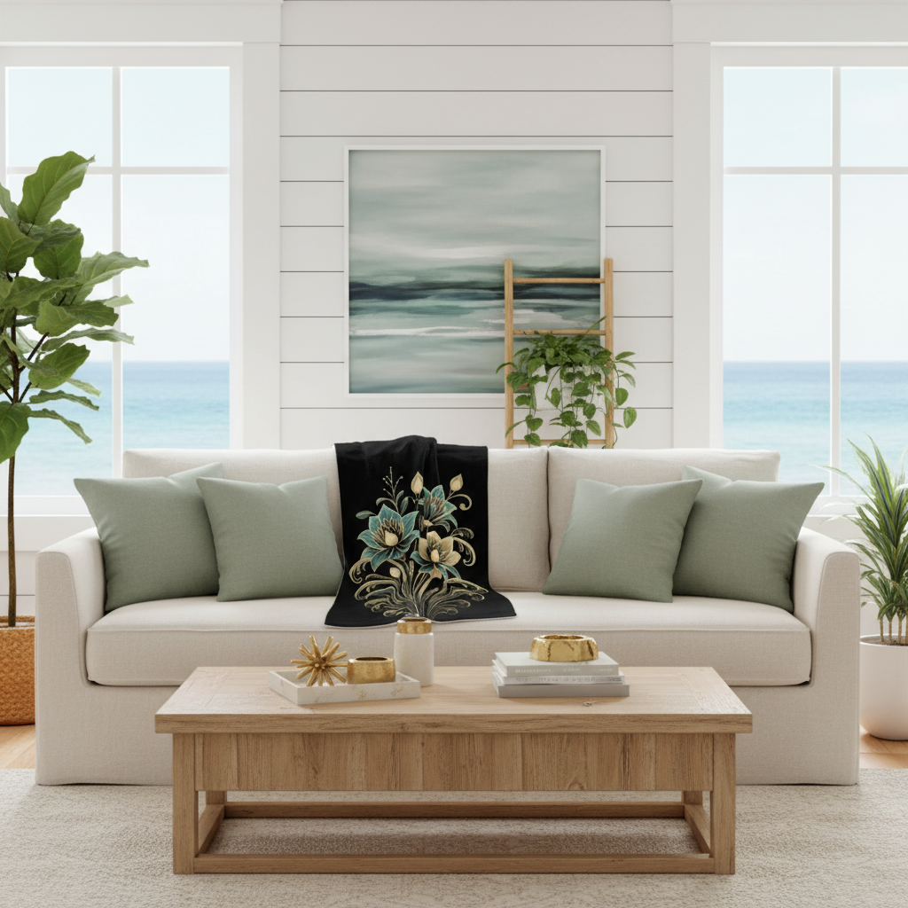 Sage green and gold botanical towel as decorative accent in coastal living room with cream sofa, sage pillows, gold decor