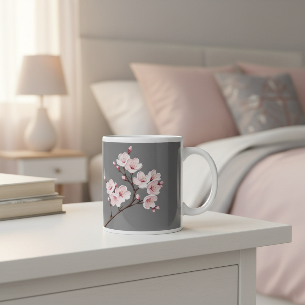 Sakura mug close-up on nightstand