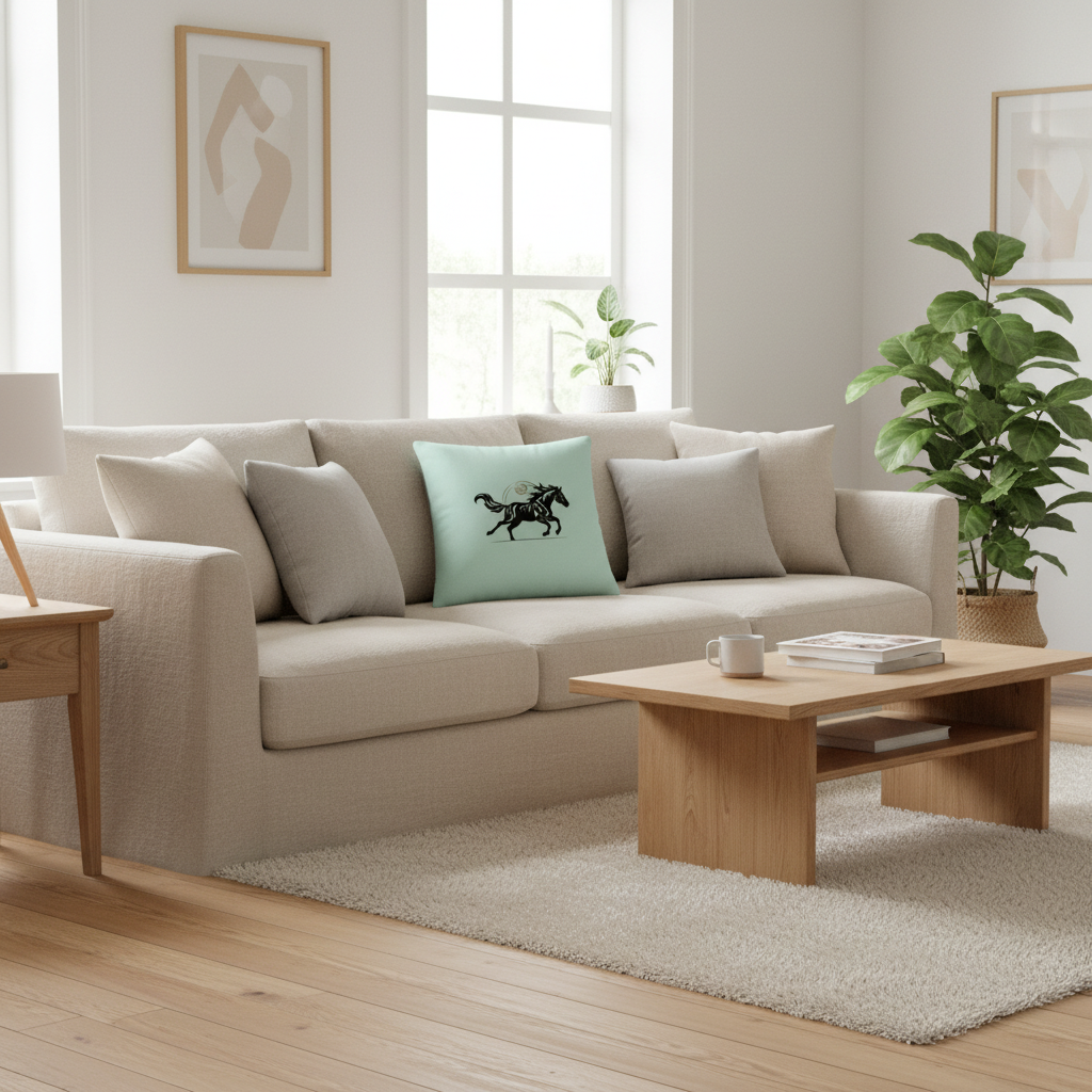 Wild Horse pillow with light wood Scandinavian furniture - Minimalist mint green home styling with running horse design