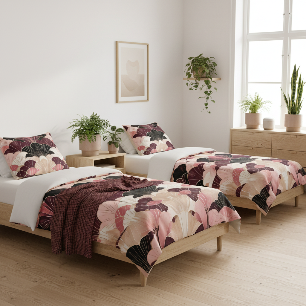 Scandinavian style twin bedroom with art deco geometric duvet cover in burgundy beige pink, white walls, natural wood, green ferns in beige and pink pots, minimal clean aesthetic